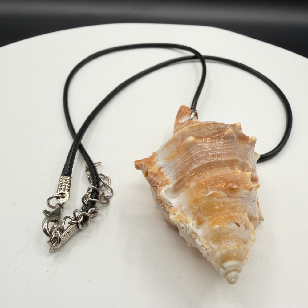 Natural Spiny Seashell Pendant Necklace Black Cord Coastal Beach Boho Jewelry